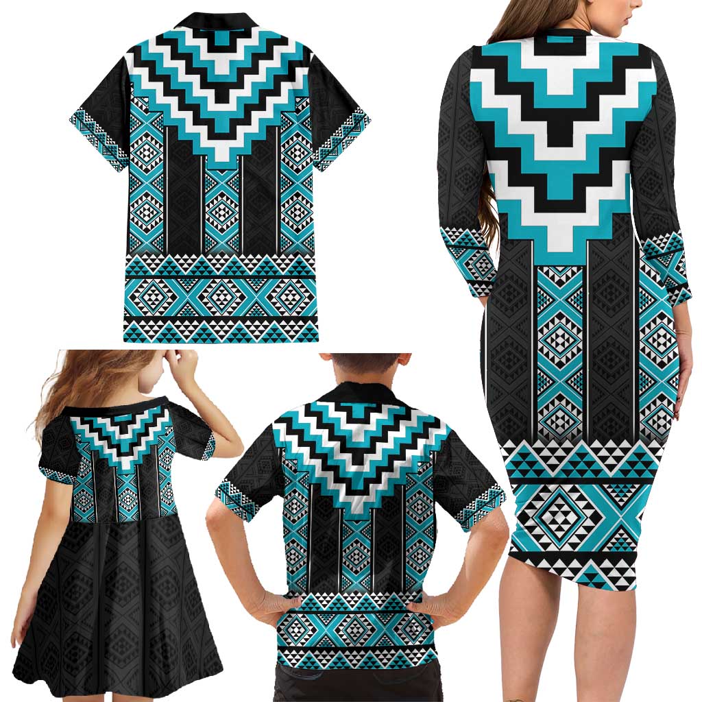 Turquoise Taniko Pattern Aotearoa Family Matching Long Sleeve Bodycon Dress and Hawaiian Shirt Niho Taniwha Mix Poutama LT14