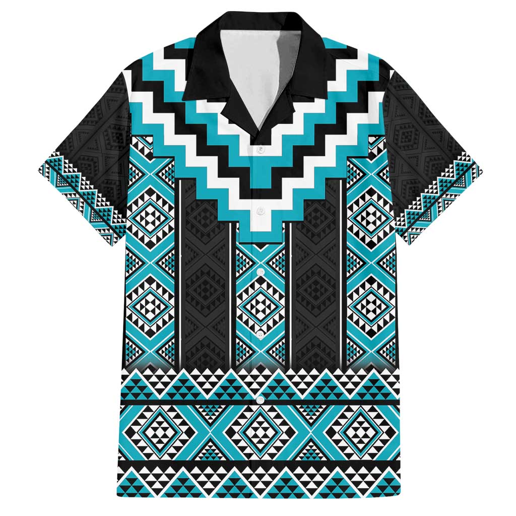 Turquoise Taniko Pattern Aotearoa Family Matching Long Sleeve Bodycon Dress and Hawaiian Shirt Niho Taniwha Mix Poutama LT14