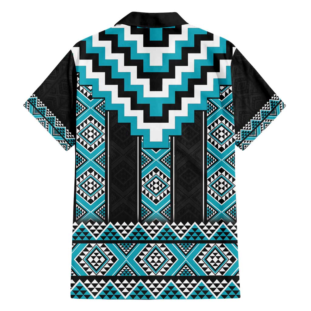 Turquoise Taniko Pattern Aotearoa Family Matching Long Sleeve Bodycon Dress and Hawaiian Shirt Niho Taniwha Mix Poutama LT14