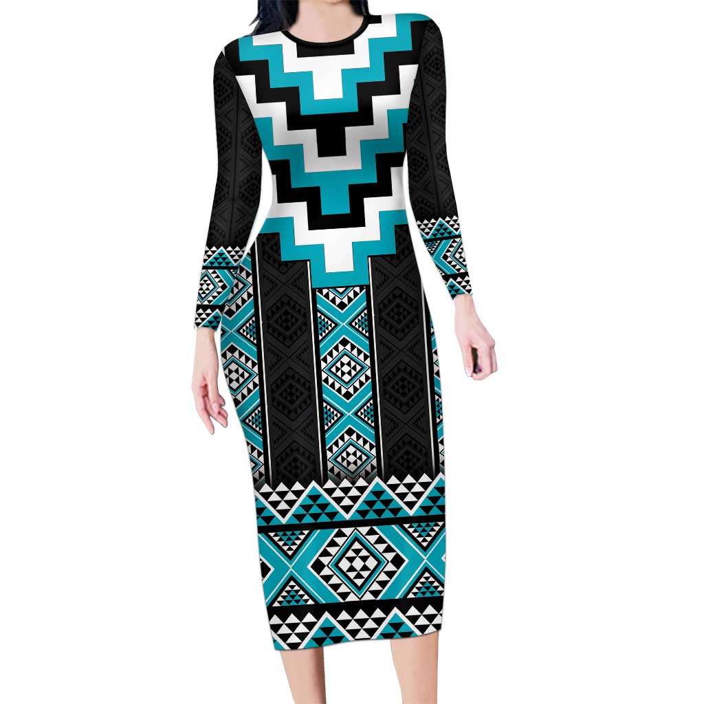 Turquoise Taniko Pattern Aotearoa Family Matching Long Sleeve Bodycon Dress and Hawaiian Shirt Niho Taniwha Mix Poutama LT14