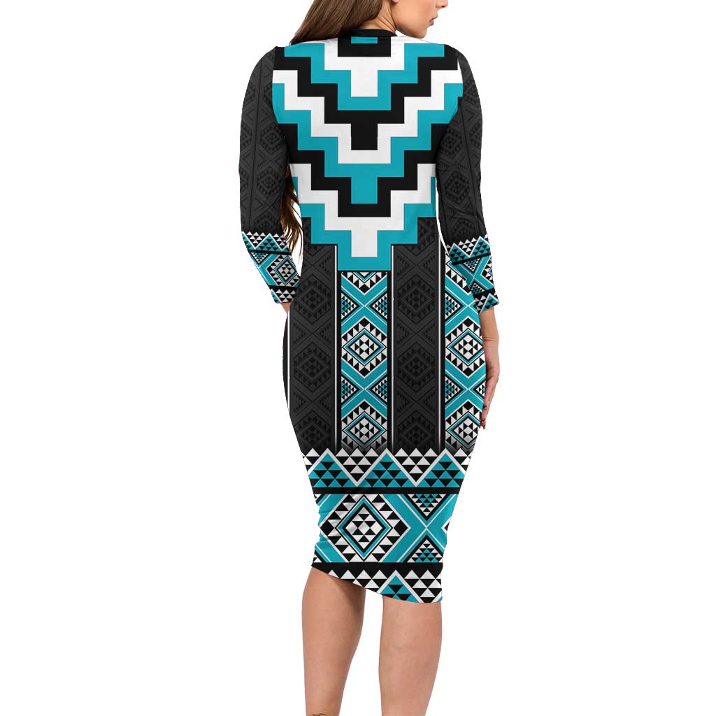 Turquoise Taniko Pattern Aotearoa Family Matching Long Sleeve Bodycon Dress and Hawaiian Shirt Niho Taniwha Mix Poutama LT14