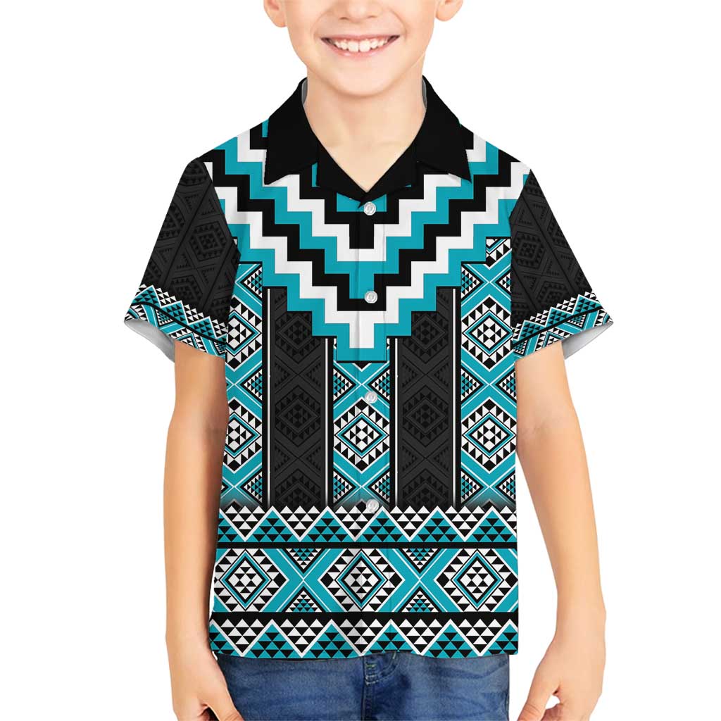 Turquoise Taniko Pattern Aotearoa Family Matching Long Sleeve Bodycon Dress and Hawaiian Shirt Niho Taniwha Mix Poutama LT14