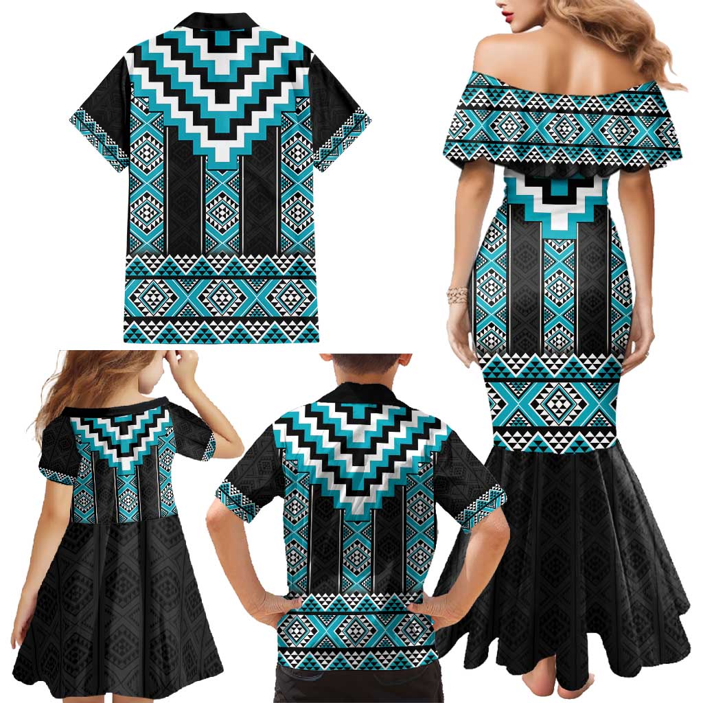 Turquoise Taniko Pattern Aotearoa Family Matching Mermaid Dress and Hawaiian Shirt Niho Taniwha Mix Poutama LT14