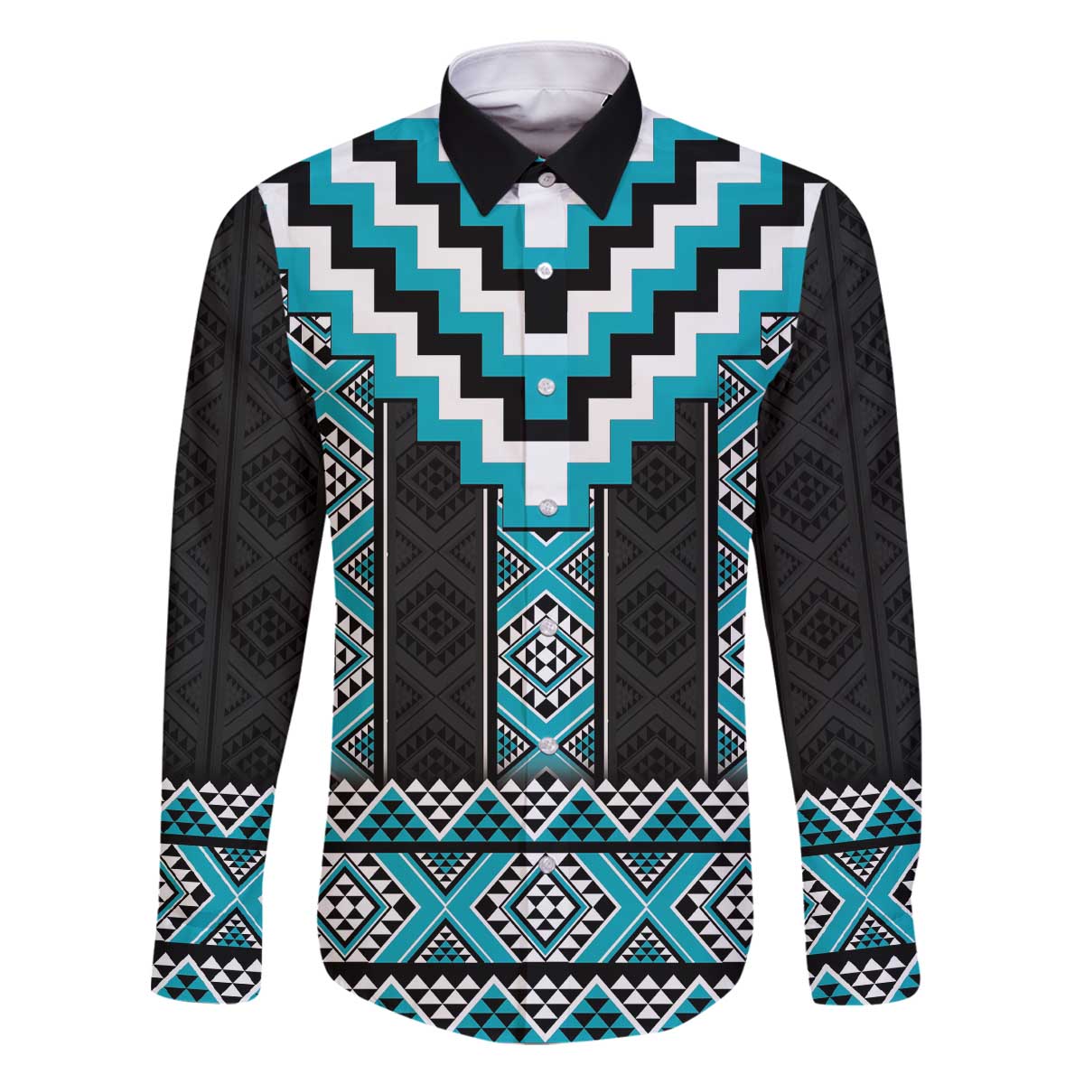 Turquoise Taniko Pattern Aotearoa Family Matching Off The Shoulder Long Sleeve Dress and Hawaiian Shirt Niho Taniwha Mix Poutama LT14