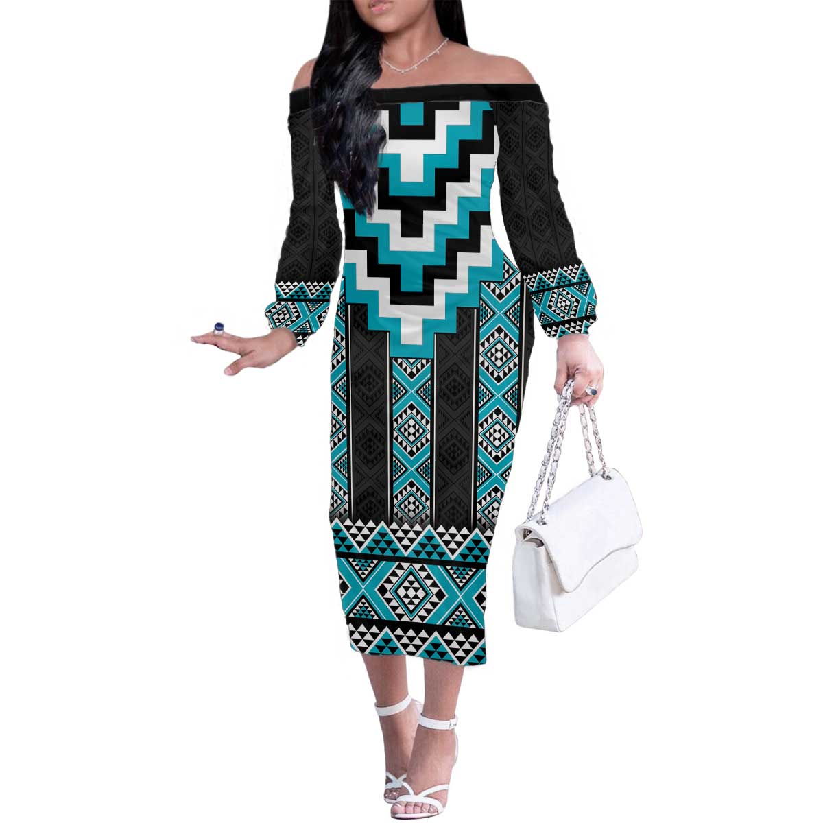 Turquoise Taniko Pattern Aotearoa Family Matching Off The Shoulder Long Sleeve Dress and Hawaiian Shirt Niho Taniwha Mix Poutama LT14