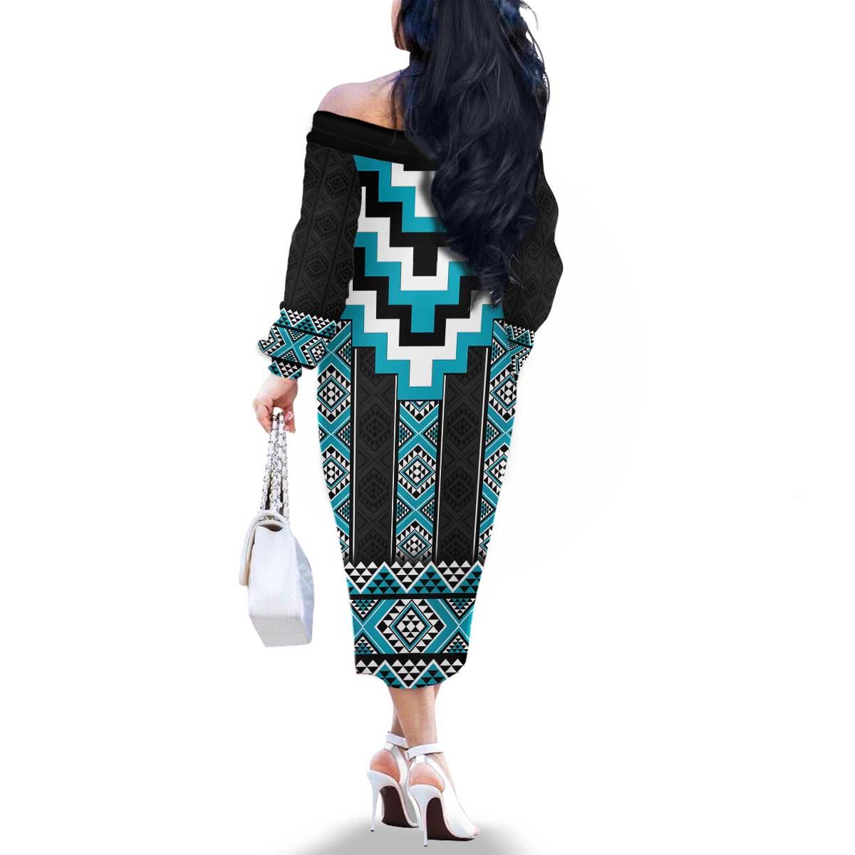 Turquoise Taniko Pattern Aotearoa Family Matching Off The Shoulder Long Sleeve Dress and Hawaiian Shirt Niho Taniwha Mix Poutama LT14