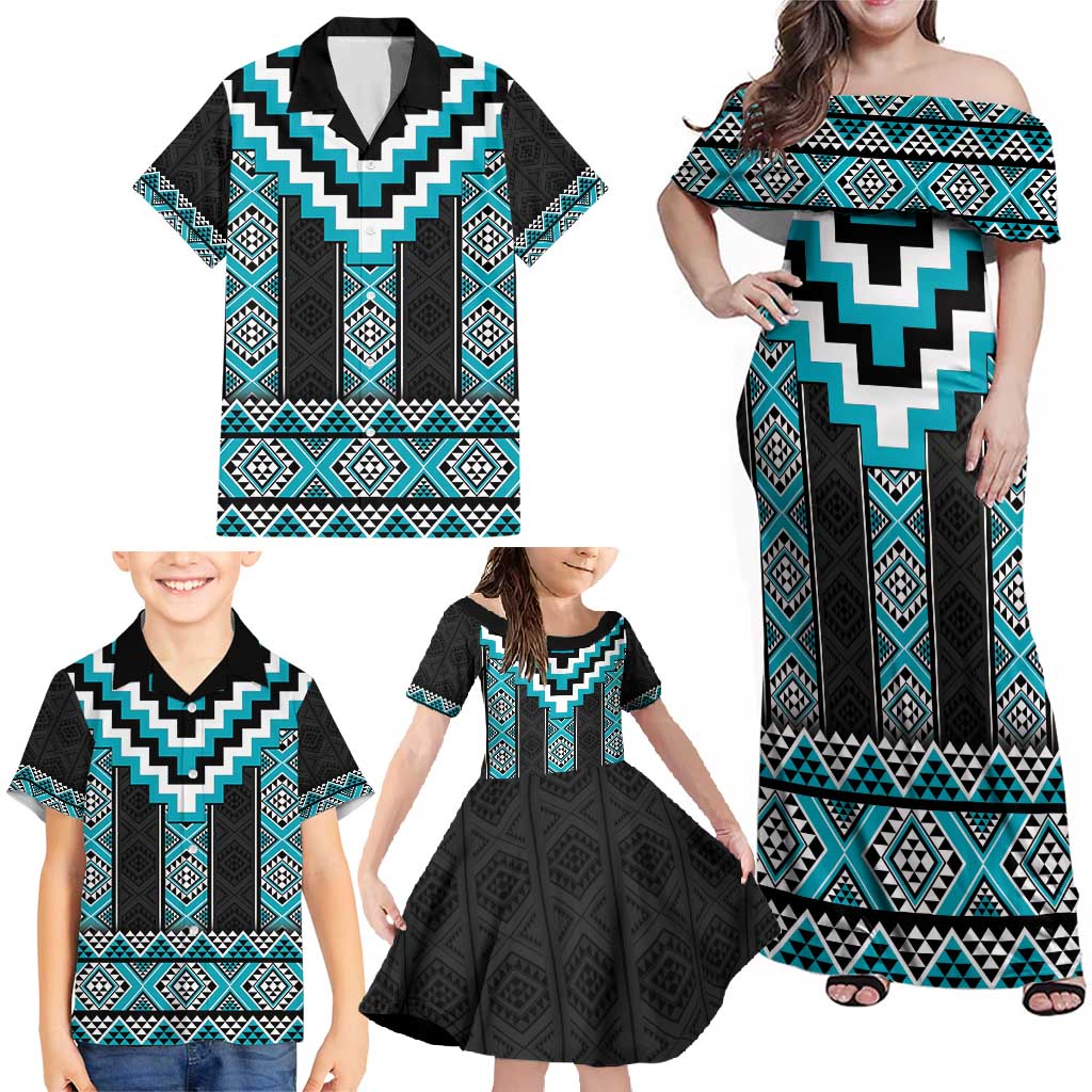 Turquoise Taniko Pattern Aotearoa Family Matching Off Shoulder Maxi Dress and Hawaiian Shirt Niho Taniwha Mix Poutama LT14