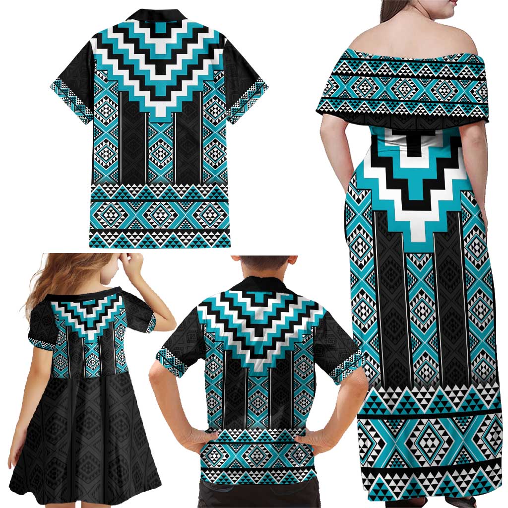 Turquoise Taniko Pattern Aotearoa Family Matching Off Shoulder Maxi Dress and Hawaiian Shirt Niho Taniwha Mix Poutama LT14