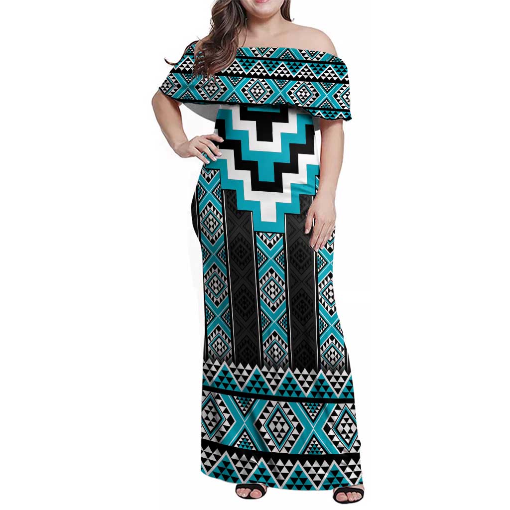 Turquoise Taniko Pattern Aotearoa Family Matching Off Shoulder Maxi Dress and Hawaiian Shirt Niho Taniwha Mix Poutama LT14