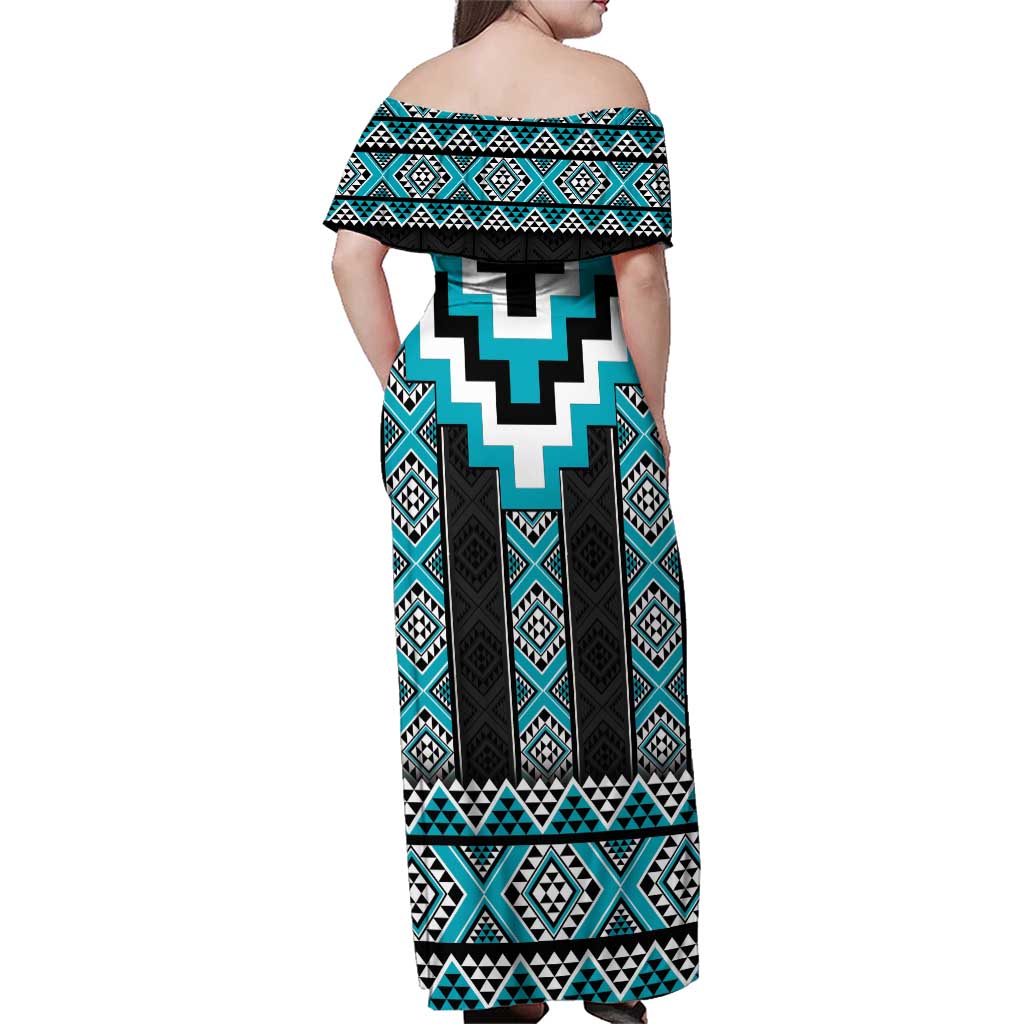 Turquoise Taniko Pattern Aotearoa Family Matching Off Shoulder Maxi Dress and Hawaiian Shirt Niho Taniwha Mix Poutama LT14