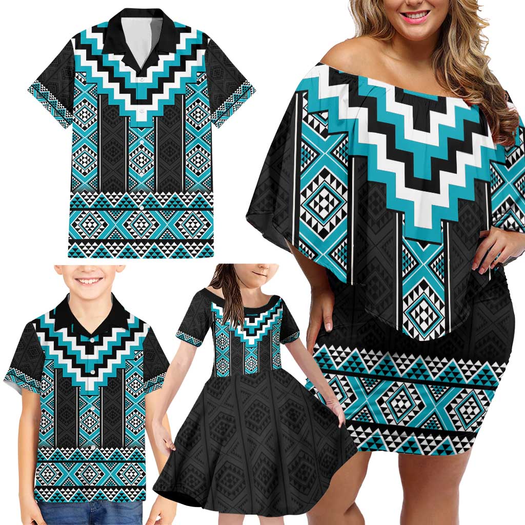 Turquoise Taniko Pattern Aotearoa Family Matching Off Shoulder Short Dress and Hawaiian Shirt Niho Taniwha Mix Poutama LT14