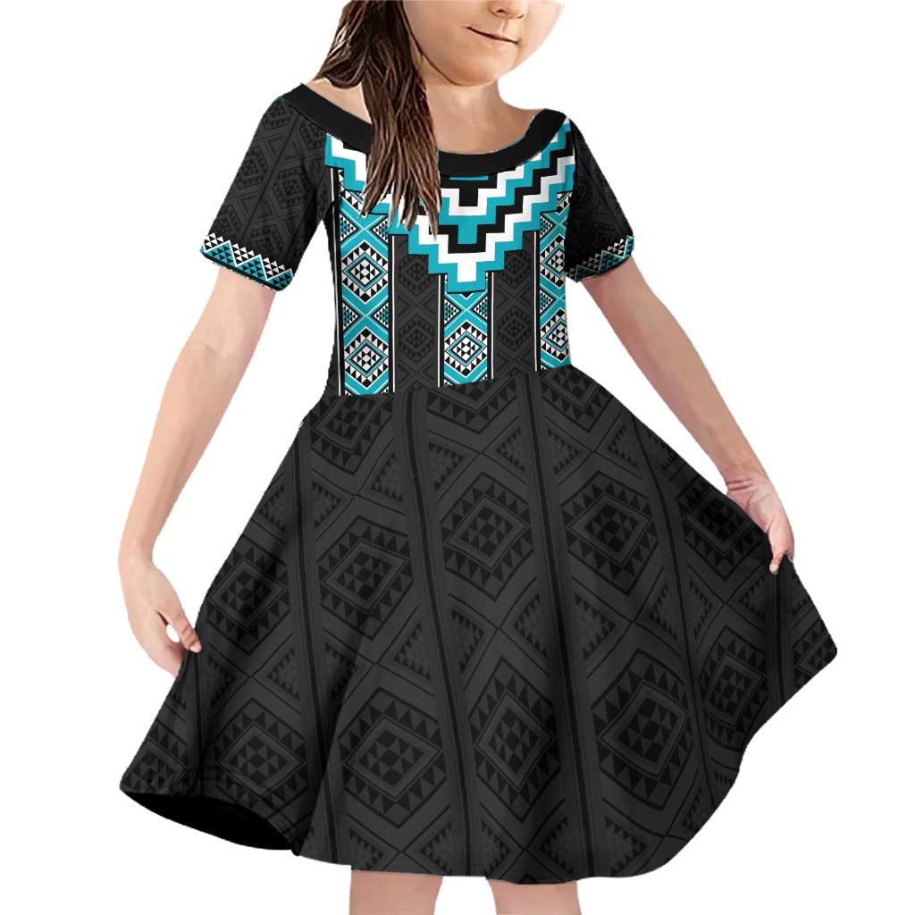 Turquoise Taniko Pattern Aotearoa Family Matching Off Shoulder Short Dress and Hawaiian Shirt Niho Taniwha Mix Poutama LT14