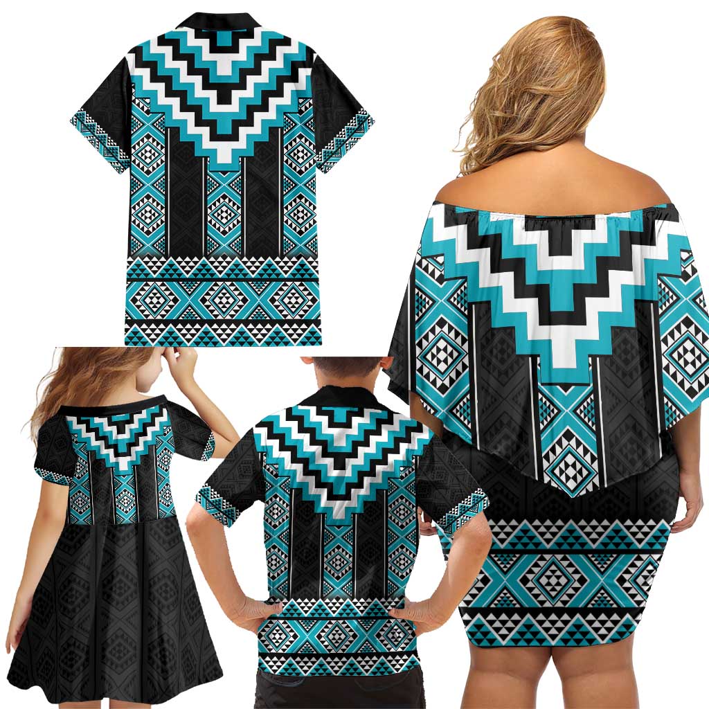 Turquoise Taniko Pattern Aotearoa Family Matching Off Shoulder Short Dress and Hawaiian Shirt Niho Taniwha Mix Poutama LT14