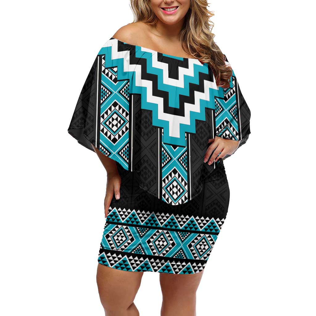 Turquoise Taniko Pattern Aotearoa Family Matching Off Shoulder Short Dress and Hawaiian Shirt Niho Taniwha Mix Poutama LT14