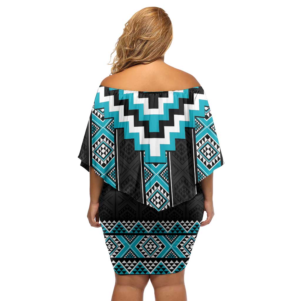 Turquoise Taniko Pattern Aotearoa Family Matching Off Shoulder Short Dress and Hawaiian Shirt Niho Taniwha Mix Poutama LT14