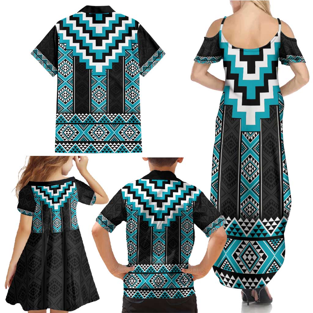 Turquoise Taniko Pattern Aotearoa Family Matching Summer Maxi Dress and Hawaiian Shirt Niho Taniwha Mix Poutama LT14