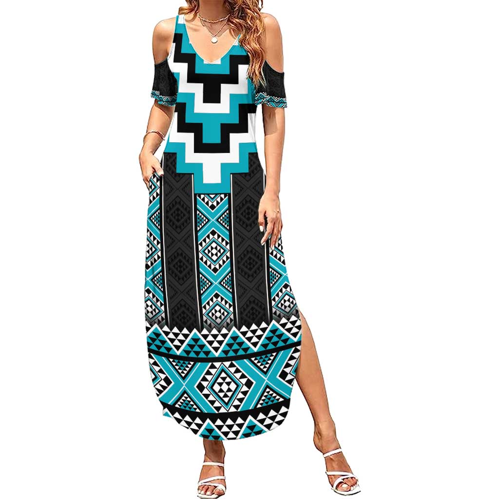 Turquoise Taniko Pattern Aotearoa Family Matching Summer Maxi Dress and Hawaiian Shirt Niho Taniwha Mix Poutama LT14