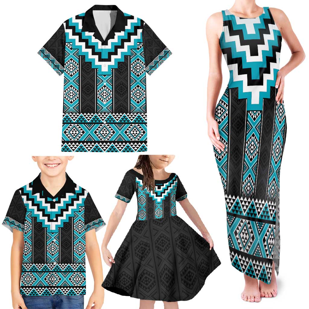 Turquoise Taniko Pattern Aotearoa Family Matching Tank Maxi Dress and Hawaiian Shirt Niho Taniwha Mix Poutama LT14