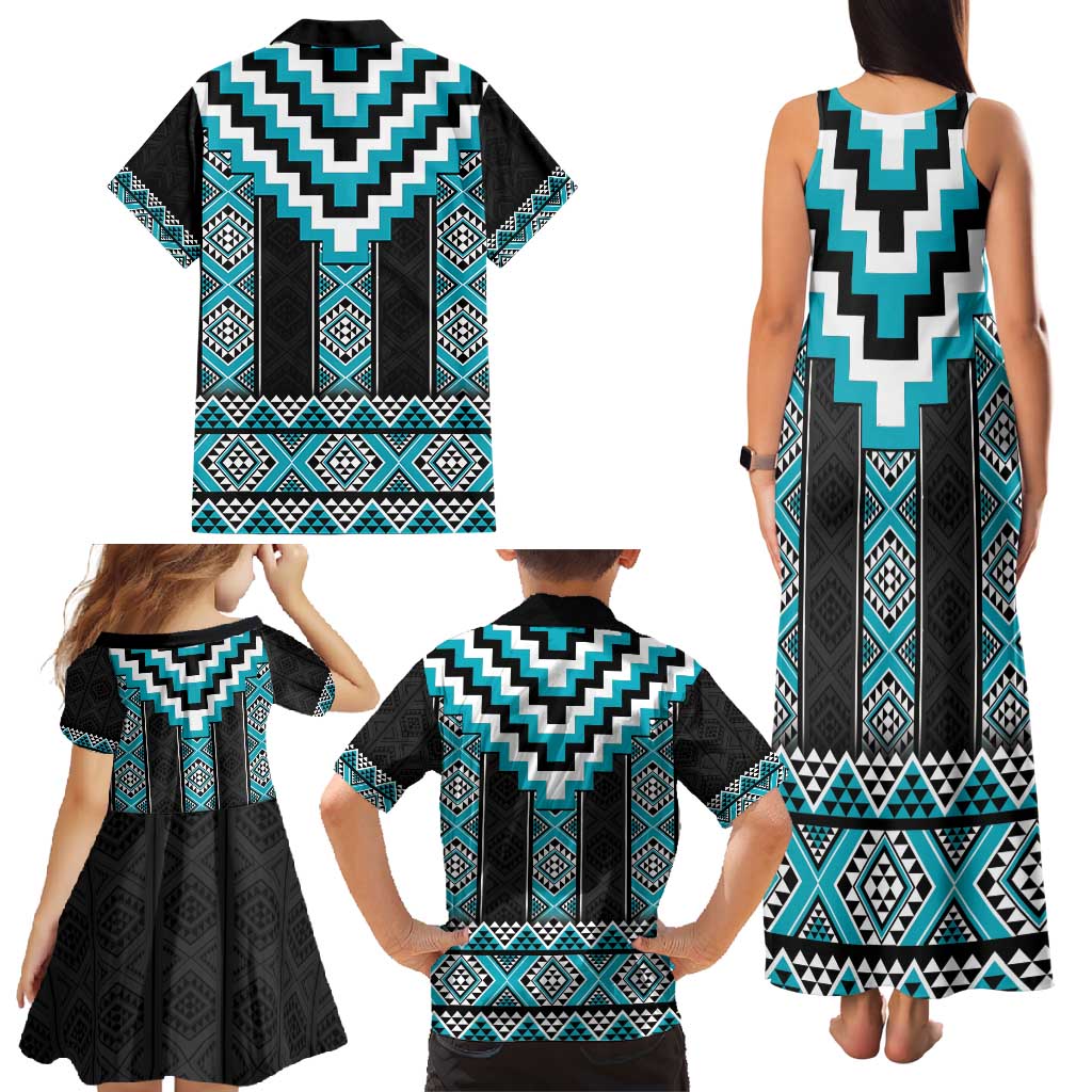 Turquoise Taniko Pattern Aotearoa Family Matching Tank Maxi Dress and Hawaiian Shirt Niho Taniwha Mix Poutama LT14