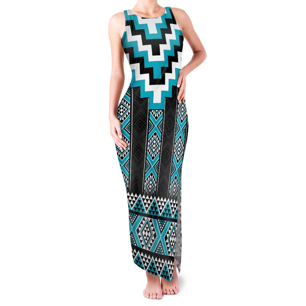 Turquoise Taniko Pattern Aotearoa Family Matching Tank Maxi Dress and Hawaiian Shirt Niho Taniwha Mix Poutama LT14