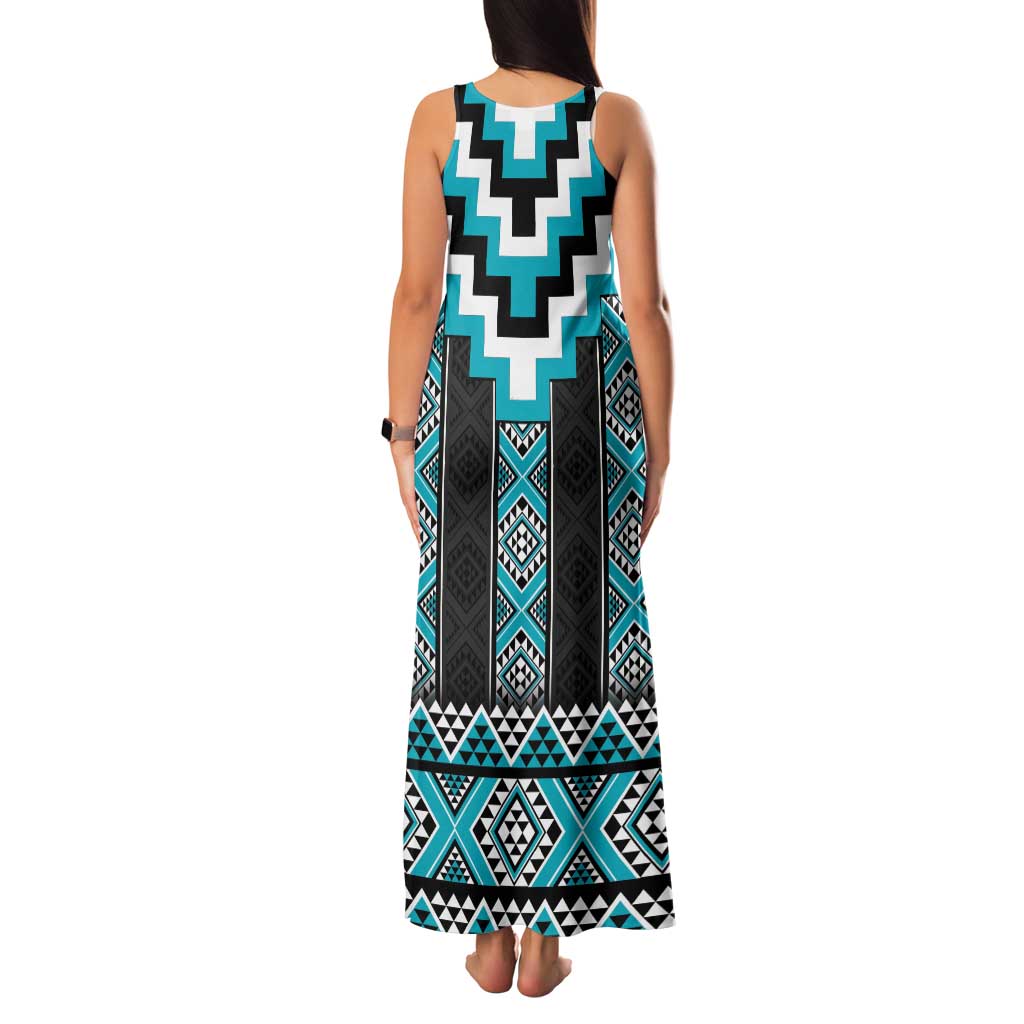 Turquoise Taniko Pattern Aotearoa Family Matching Tank Maxi Dress and Hawaiian Shirt Niho Taniwha Mix Poutama LT14