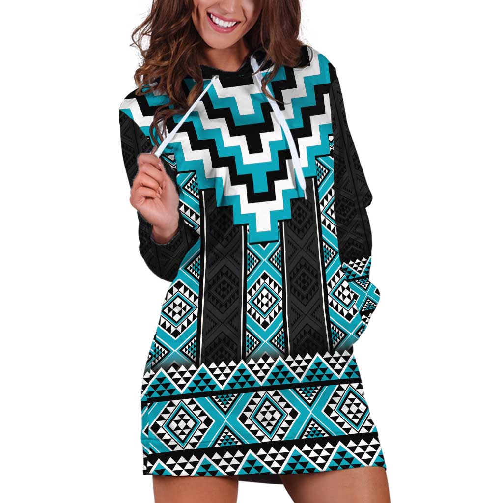 Turquoise Taniko Pattern Aotearoa Hoodie Dress Niho Taniwha Mix Poutama - Vibe Hoodie Shop