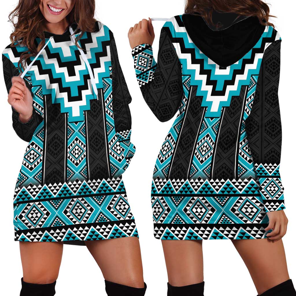 Turquoise Taniko Pattern Aotearoa Hoodie Dress Niho Taniwha Mix Poutama - Vibe Hoodie Shop