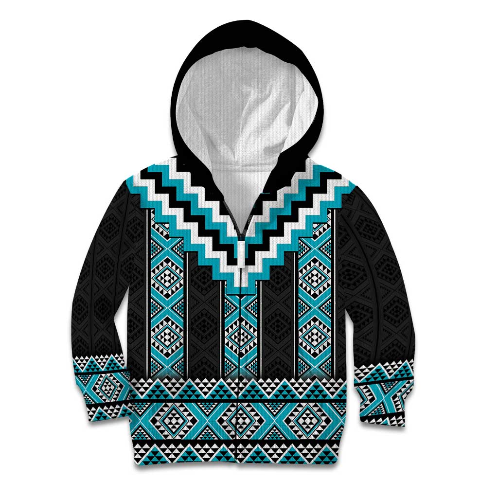 Turquoise Taniko Pattern Aotearoa Kid Hoodie Niho Taniwha Mix Poutama - Vibe Hoodie Shop