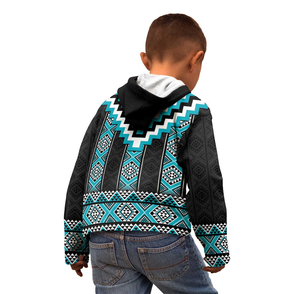 Turquoise Taniko Pattern Aotearoa Kid Hoodie Niho Taniwha Mix Poutama - Vibe Hoodie Shop