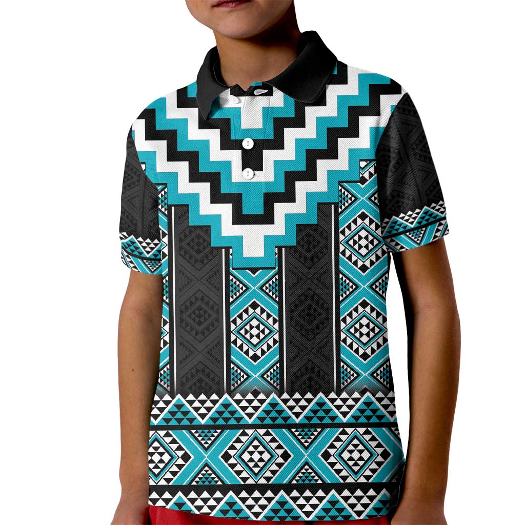 Turquoise Taniko Pattern Aotearoa Kid Polo Shirt Niho Taniwha Mix Poutama - Vibe Hoodie Shop