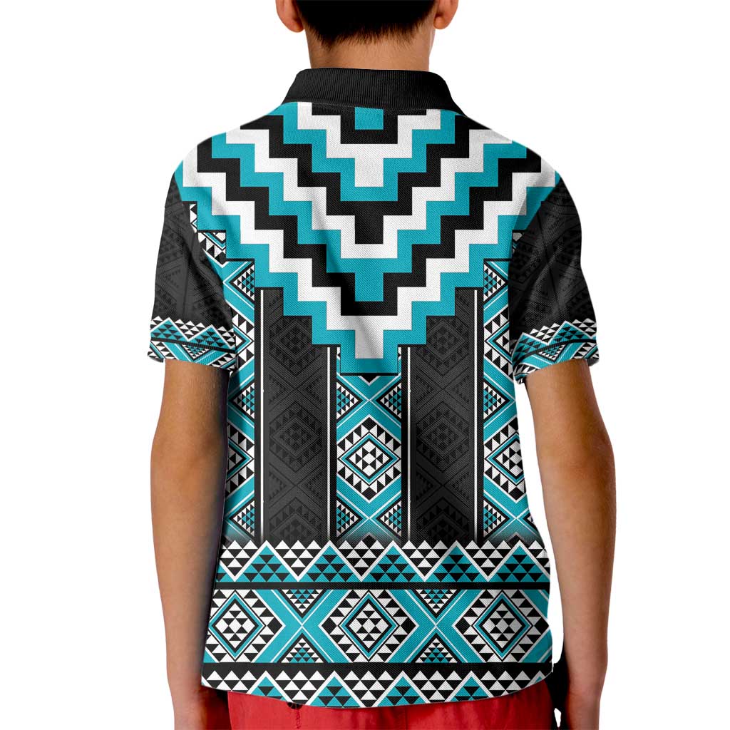 Turquoise Taniko Pattern Aotearoa Kid Polo Shirt Niho Taniwha Mix Poutama - Vibe Hoodie Shop