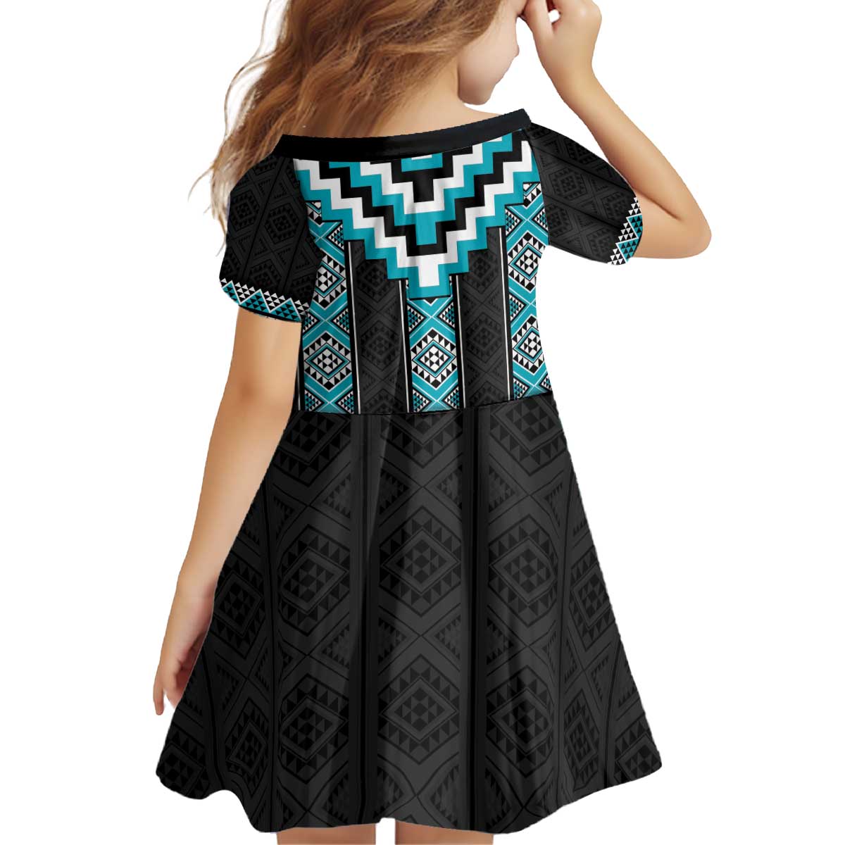 Turquoise Taniko Pattern Aotearoa Kid Short Sleeve Dress Niho Taniwha Mix Poutama - Vibe Hoodie Shop