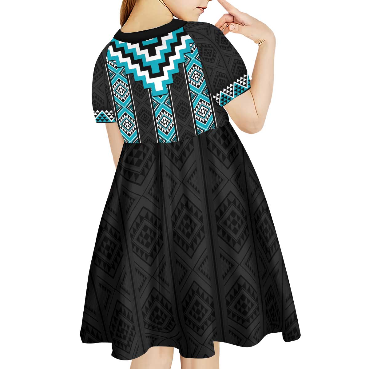 Turquoise Taniko Pattern Aotearoa Kid Short Sleeve Dress Niho Taniwha Mix Poutama - Vibe Hoodie Shop