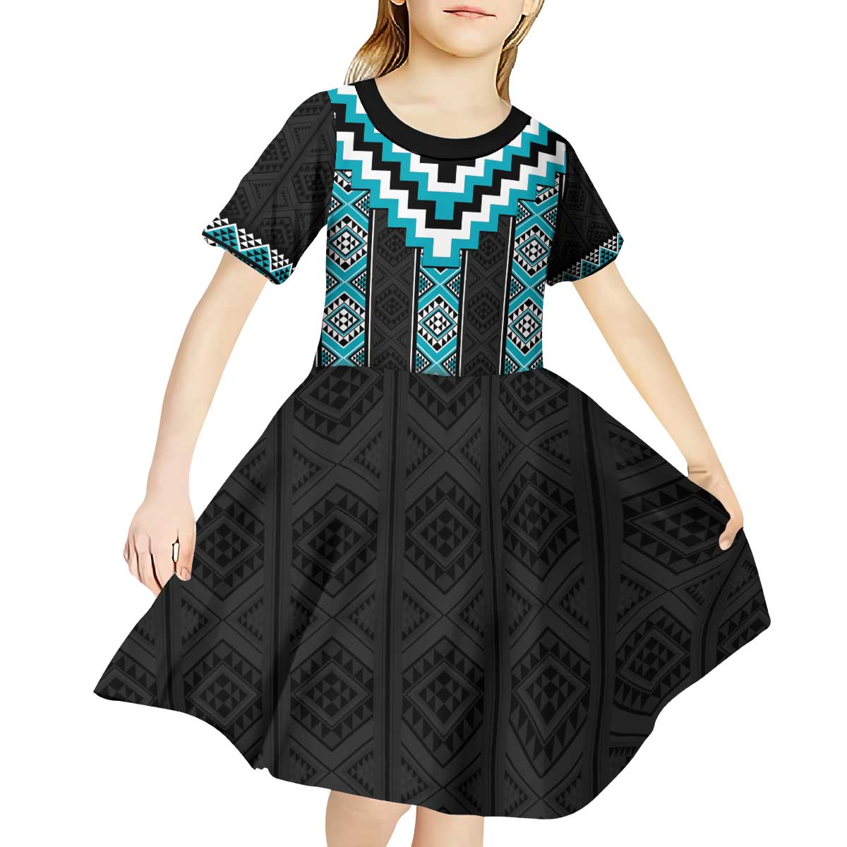 Turquoise Taniko Pattern Aotearoa Kid Short Sleeve Dress Niho Taniwha Mix Poutama - Vibe Hoodie Shop