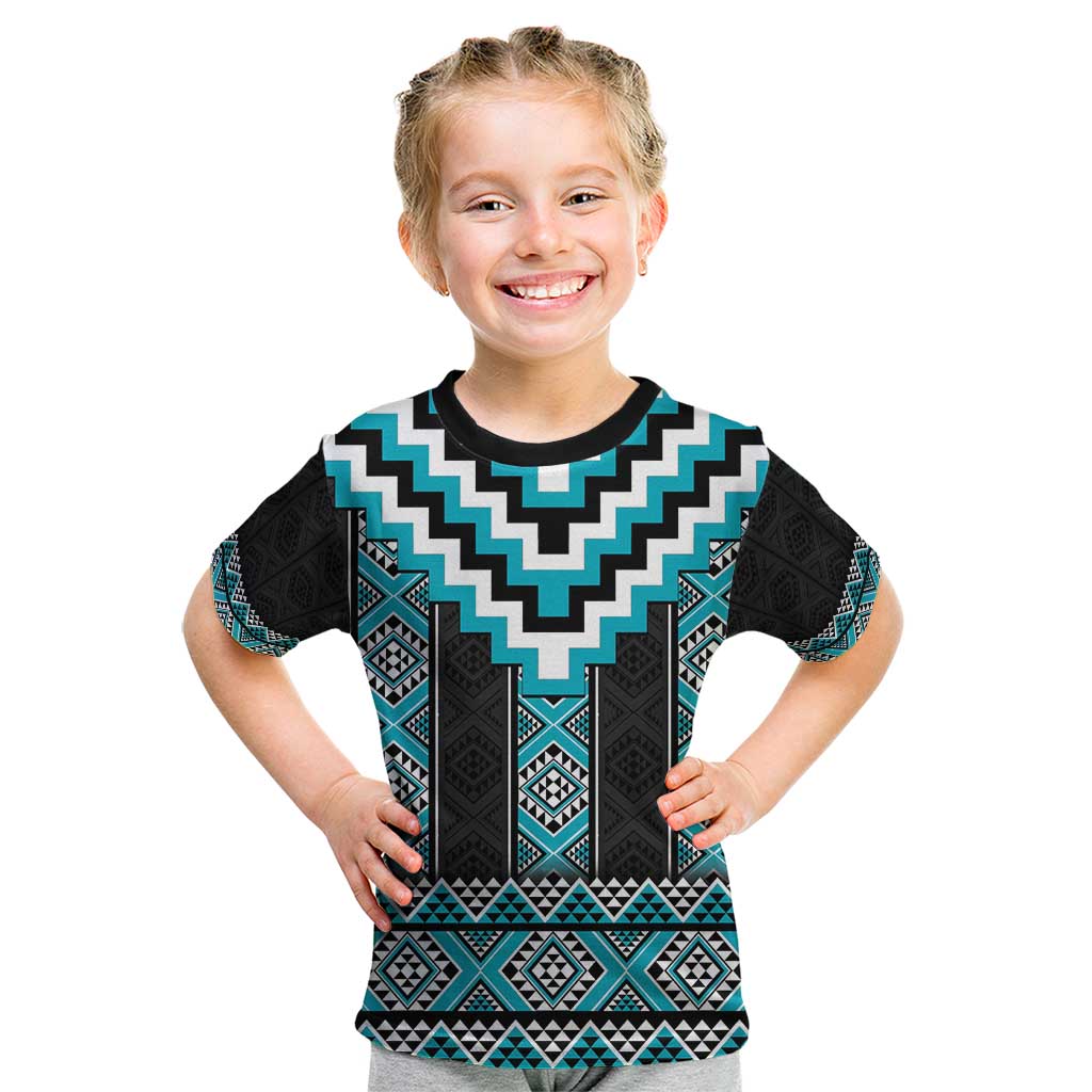 Turquoise Taniko Pattern Aotearoa Kid T Shirt Niho Taniwha Mix Poutama - Vibe Hoodie Shop