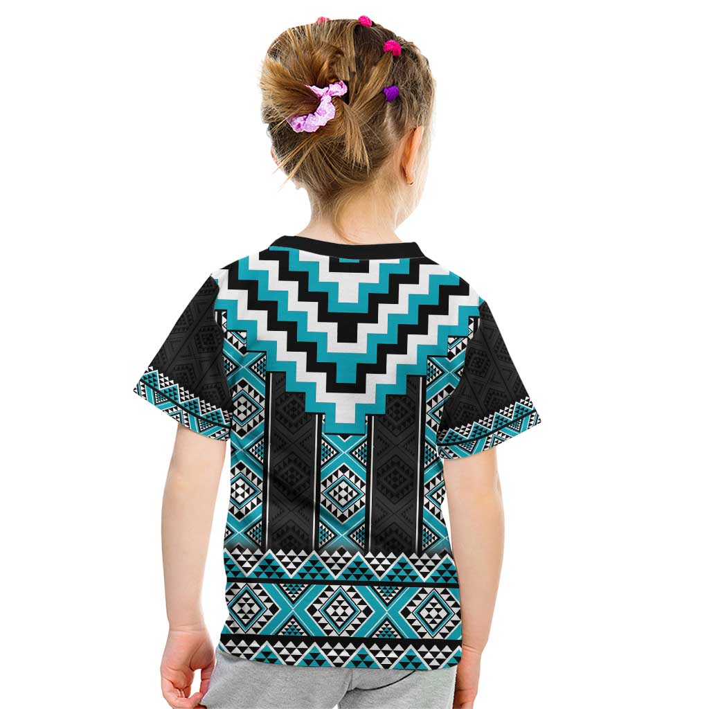 Turquoise Taniko Pattern Aotearoa Kid T Shirt Niho Taniwha Mix Poutama - Vibe Hoodie Shop