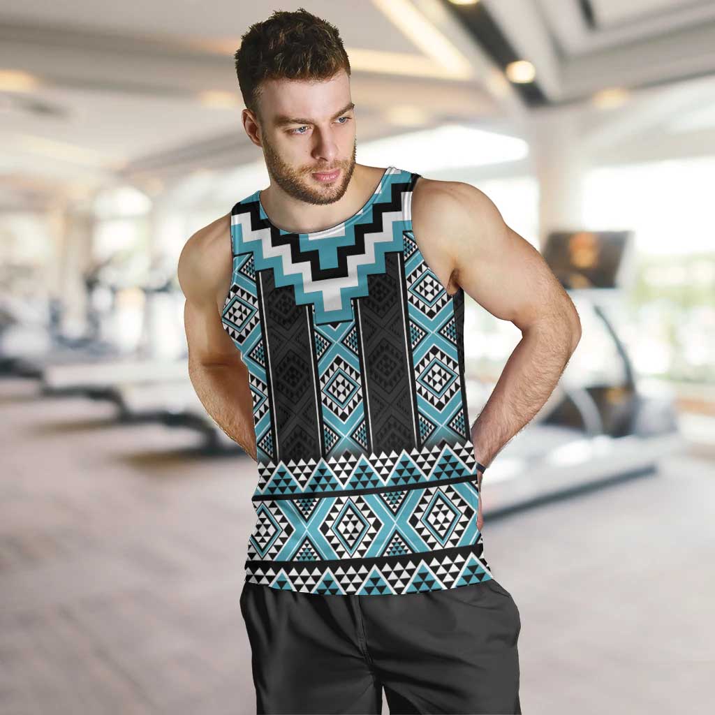 Turquoise Taniko Pattern Aotearoa Men Tank Top Niho Taniwha Mix Poutama - Vibe Hoodie Shop