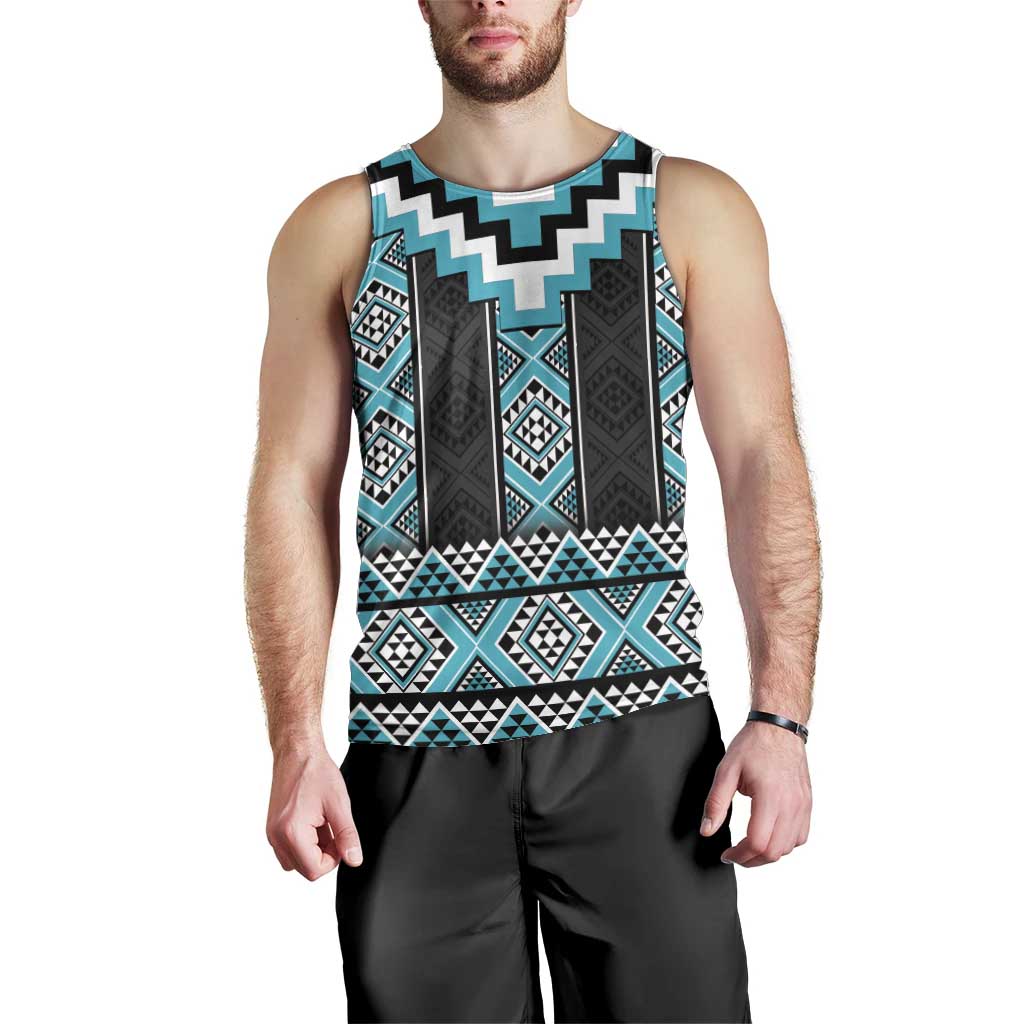 Turquoise Taniko Pattern Aotearoa Men Tank Top Niho Taniwha Mix Poutama - Vibe Hoodie Shop