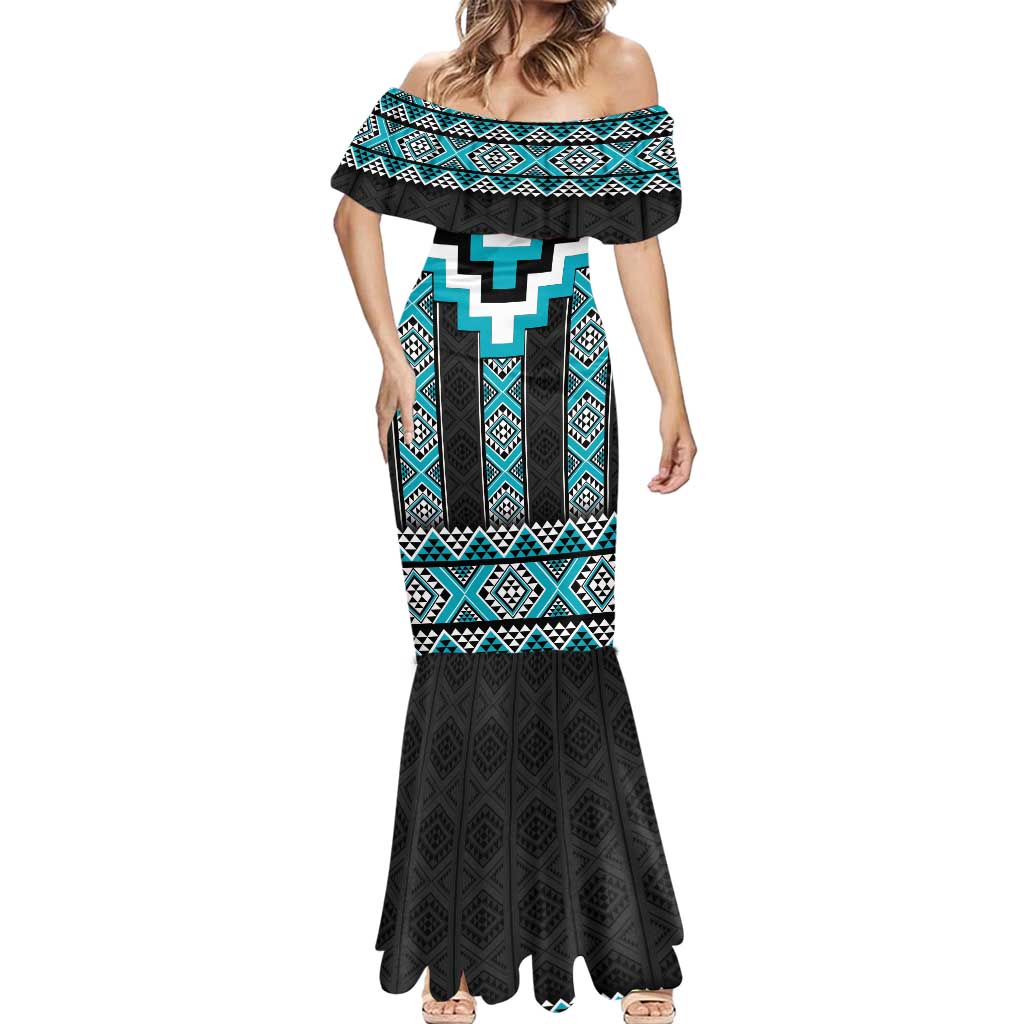 Turquoise Taniko Pattern Aotearoa Mermaid Dress Niho Taniwha Mix Poutama LT14