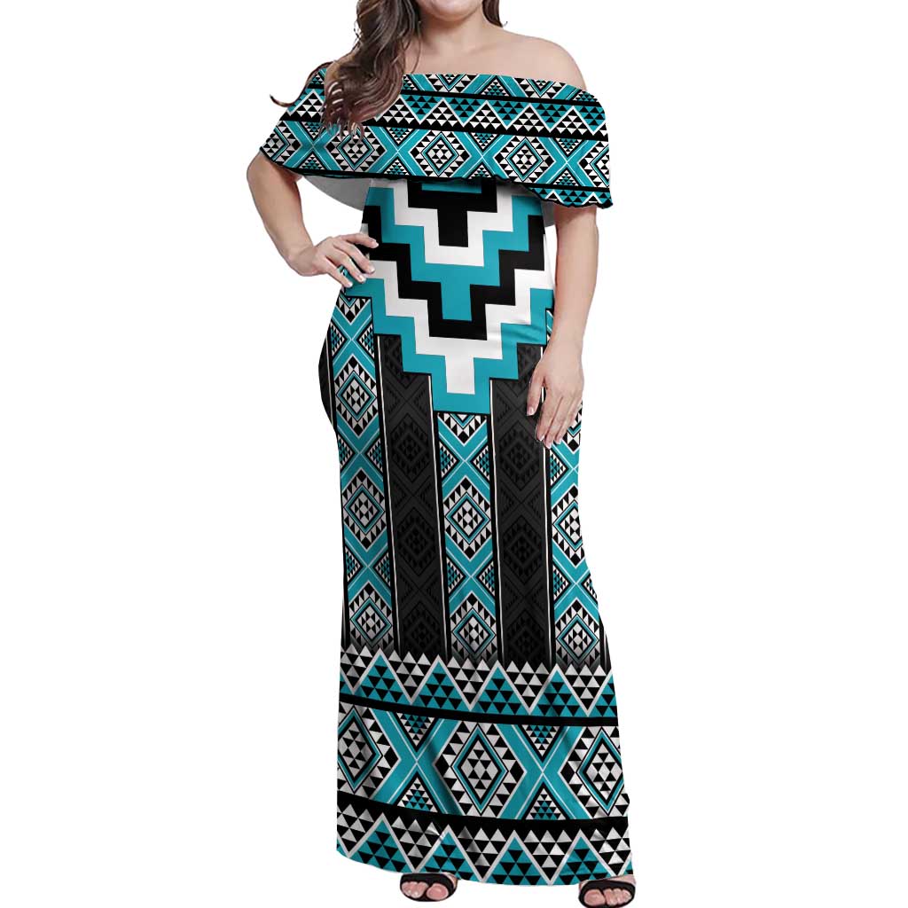 Turquoise Taniko Pattern Aotearoa Off Shoulder Maxi Dress Niho Taniwha Mix Poutama LT14