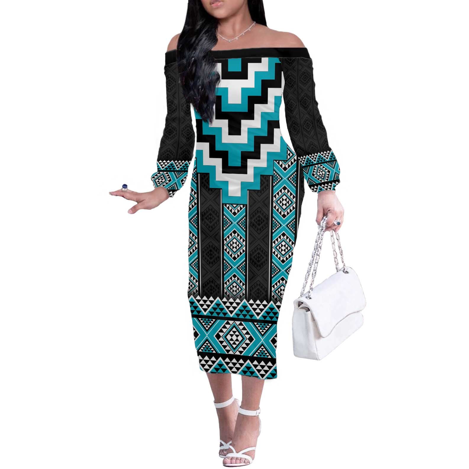 Turquoise Taniko Pattern Aotearoa Off The Shoulder Long Sleeve Dress Niho Taniwha Mix Poutama LT14