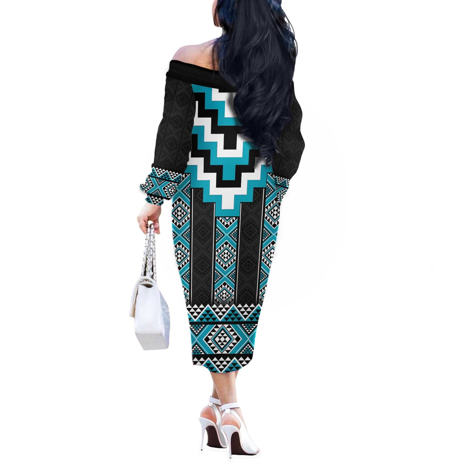 Turquoise Taniko Pattern Aotearoa Off The Shoulder Long Sleeve Dress Niho Taniwha Mix Poutama LT14