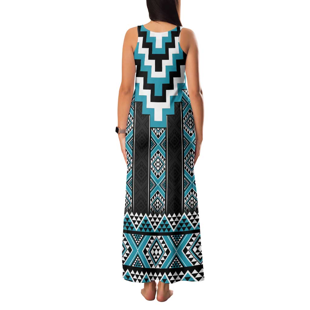 Turquoise Taniko Pattern Aotearoa Tank Maxi Dress Niho Taniwha Mix Poutama LT14