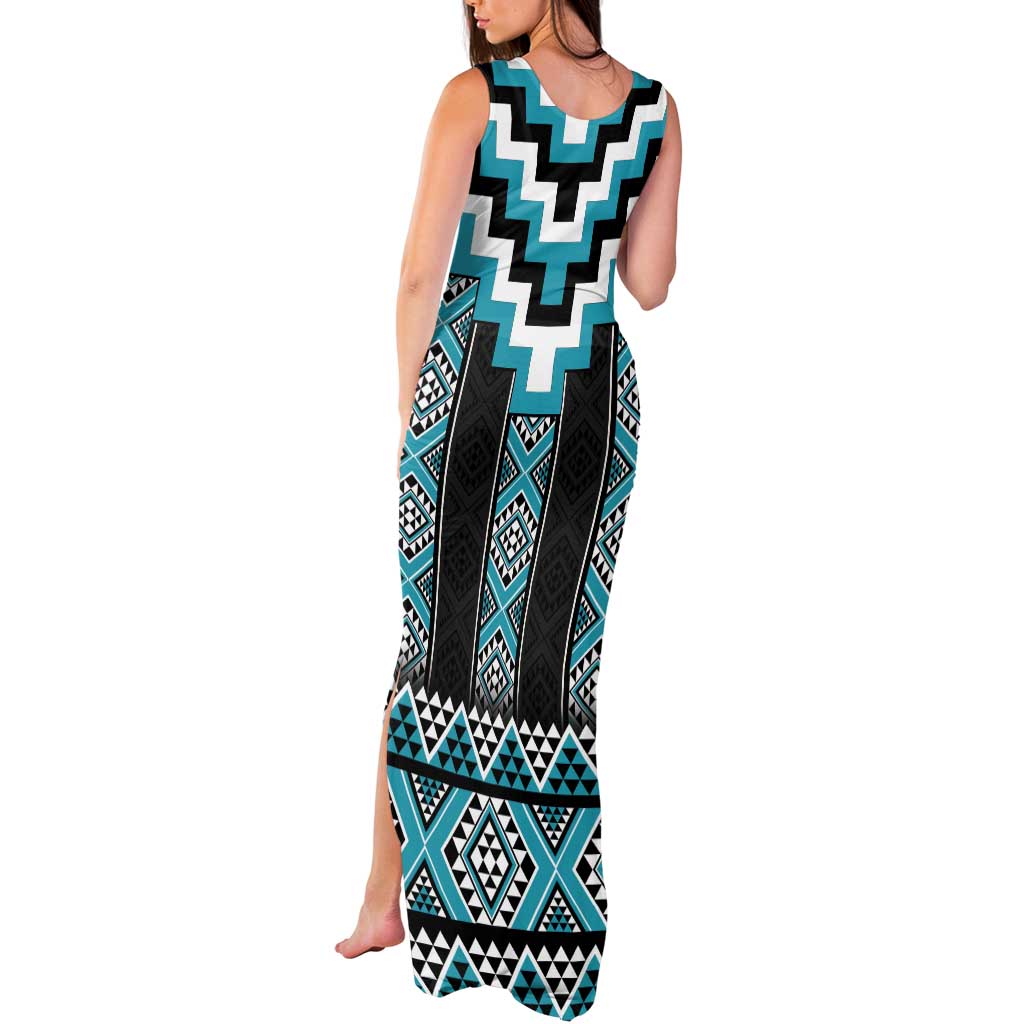 Turquoise Taniko Pattern Aotearoa Tank Maxi Dress Niho Taniwha Mix Poutama LT14