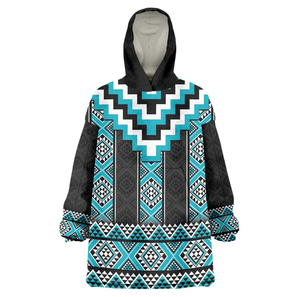 Turquoise Taniko Pattern Aotearoa Wearable Blanket Hoodie Niho Taniwha Mix Poutama - Vibe Hoodie Shop