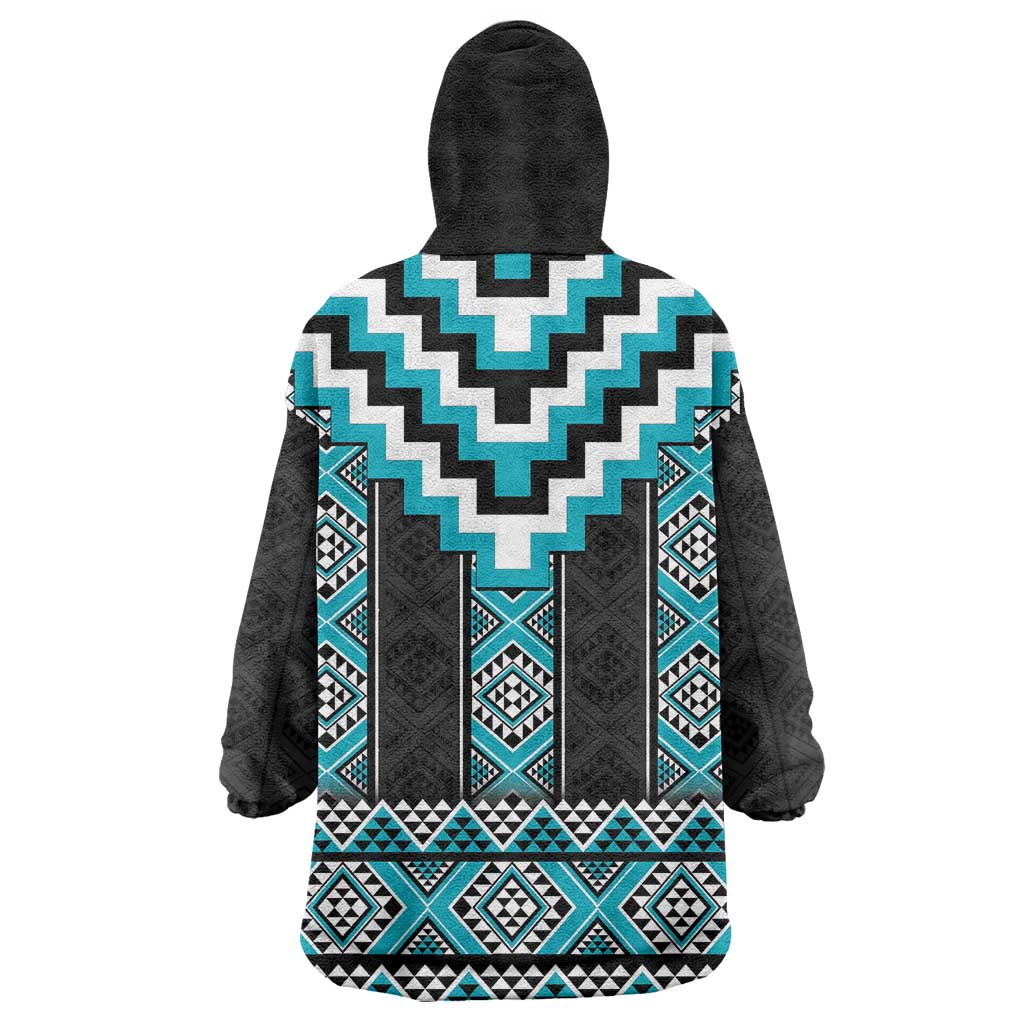 Turquoise Taniko Pattern Aotearoa Wearable Blanket Hoodie Niho Taniwha Mix Poutama - Vibe Hoodie Shop