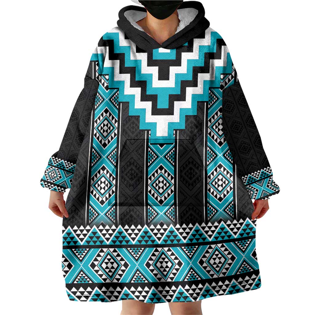 Turquoise Taniko Pattern Aotearoa Wearable Blanket Hoodie Niho Taniwha Mix Poutama - Vibe Hoodie Shop