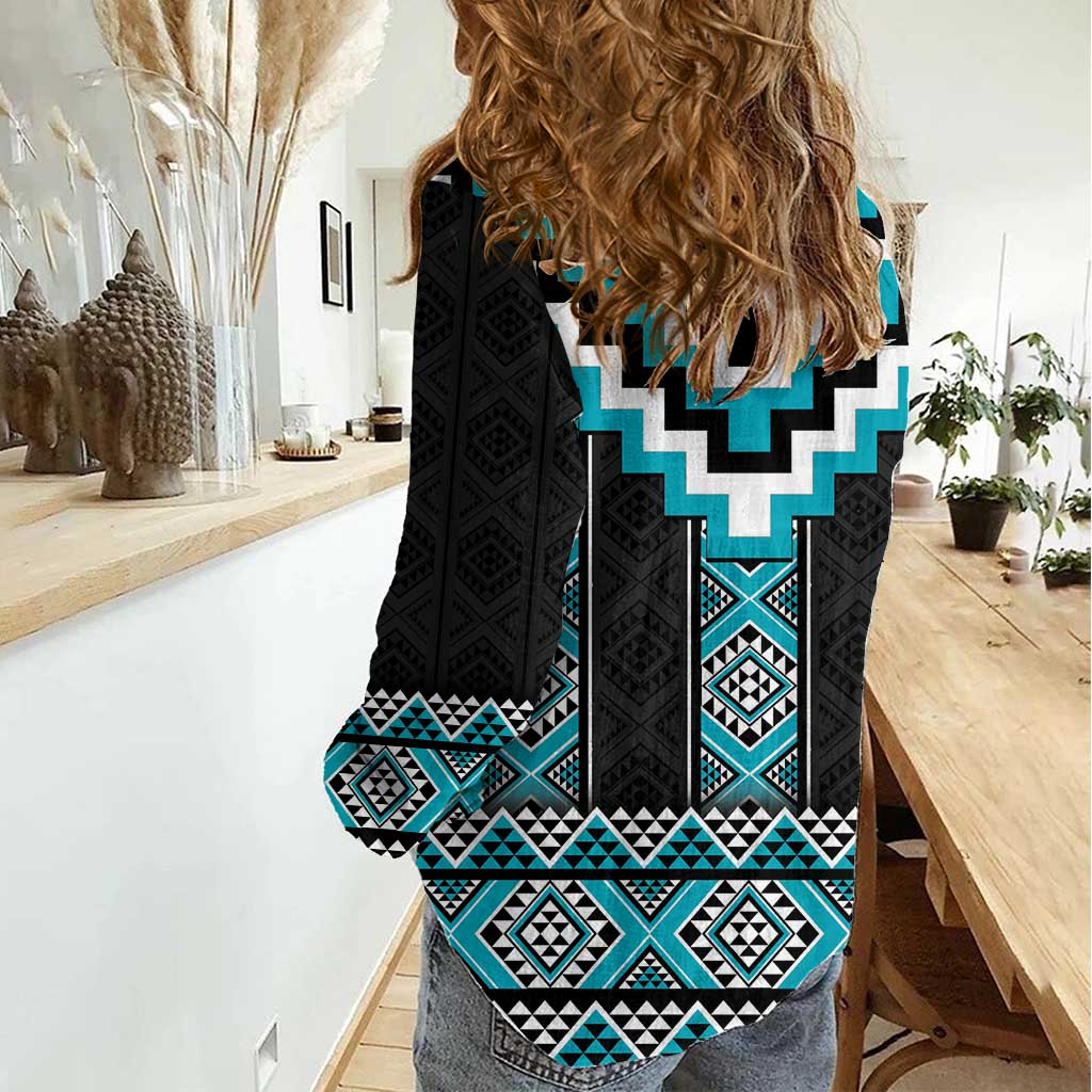 Turquoise Taniko Pattern Aotearoa Women Casual Shirt Niho Taniwha Mix Poutama - Vibe Hoodie Shop