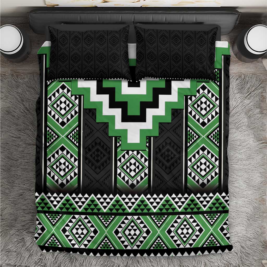Green Taniko Pattern Aotearoa Bedding Set Niho Taniwha Mix Poutama - Vibe Hoodie Shop