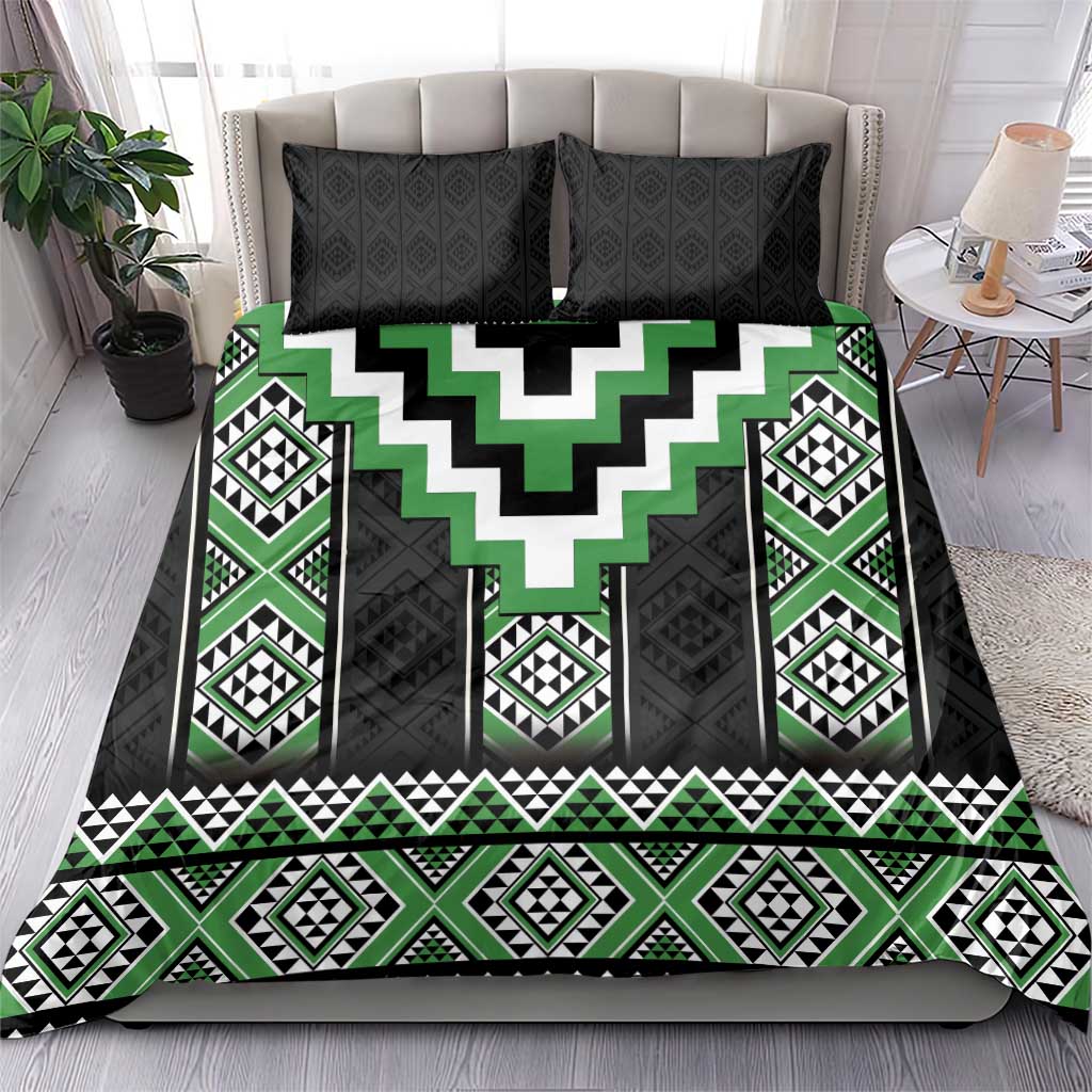 Green Taniko Pattern Aotearoa Bedding Set Niho Taniwha Mix Poutama - Vibe Hoodie Shop